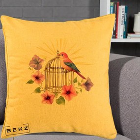 Perna Decorativa Pasare Roz pe Colivie Aurie cu Flori, 40x40 cm, Galben, Husa Detasabila, Perna Inclusa, BEKZ®