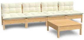 Set mobilier gradina cu perne crem, 5 piese, lemn de pin maro si crem, 1