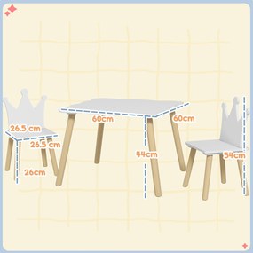 AIYAPLAY Set Masă și 2 Scaune pentru Copii 3-6 Ani, Masă Ondulată și Scaune în Formă de Coroană, 60x60x44 cm, Alb | Aosom Romania