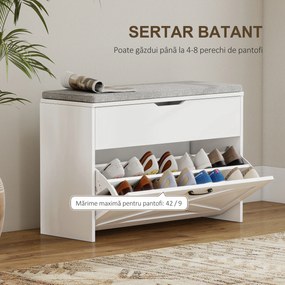 HOMCOM Bancă Pantofar de Intrare, Pantofar cu Săriță Capitonată Lavabilă, Antă Rabatabilă, Compartiment cu Închidere Lentă, Rafturi Reglabile, pentru 8 Perechi de Pantofi, Hol Coridor Cameră, Alb | Aosom Romania