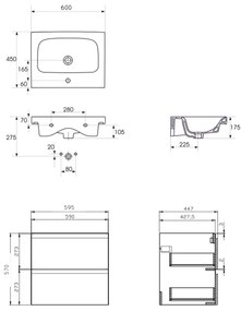 Set dulap baie suspendat 2 sertare lavoar inclus, Cersanit Moduo, 60 cm, alb Alb, 600x450 mm