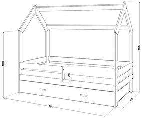 Pat pentru copii Casuta D3 pin 80x160 cm lemn de pin Saltele: Saltea EASYSOFT 8 cm, Cutie depozitare pat: Cu sertar Alb, Somiera pat: Cu lamele curba…