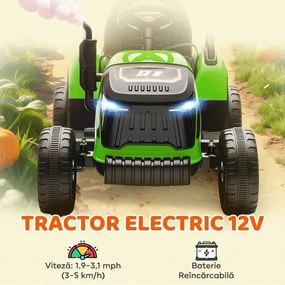 AIYAPLAY Tractor Electric 2 în 1 pentru Copii 3-8 Ani 12V cu Remorcă Detașabilă, Mașină Electrică pentru Copii cu Telecomandă, Centură de Siguranță, Muzică, Lumini LED și Claxon, Verde | Aosom Romania