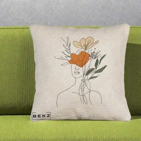 Perna Decorativa Portret Feminin Coroana Florala, 40x40 cm, Bej Canapea, Husa Detasabila, Perna Inclusa, BEKZ®