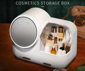 RESIGILAT- Organizator cosmetic cu Ventilator, Oglindă iluminare LED, rotativă 360 grade, portabilă, incarcare USB, depozitare compartimentata, cu sertare, 31x37,5x22 cm, Alb