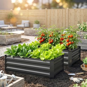 Outsunny Set de 2 Paturi Galvanizate Inaltate pentru Gradina, Cutie de Plantare Inaltata pentru Exterior, Usor de Asamblat, pentru Cultivarea Florilor