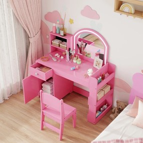 AIYAPLAY Masă de machiaj pentru copii cu taburet și oglindă LED, masă de machiaj pentru 3-8 ani, 88,6 x 38,8 x 96,9 cm, roz | Aosom Romania