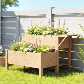 Outsunny Jardinieră Înălțată pe 2 Niveluri cu Rafturi Laterale și Inferior, Fabricată din Lemn de Brad cu Căptușeală și Orificii de Drenare, pentru Flori și Legume, 119,5x102x76,5cm, Maro Deschis | Aosom Romania