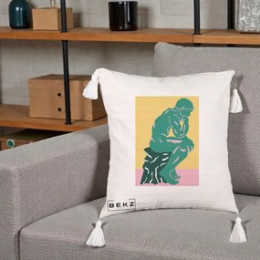Perna Decorativa Ganditorul Sculptura Pop Art, 40x40 cm, Bej cu Franjuri, Husa Detasabila, Perna Inclusa, BEKZ®