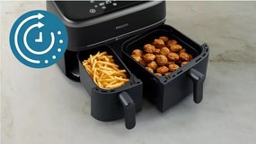 Friteuza dubla cu aer cald Philips NA351/00, 2750 W, 6+3 l, 80-200°C, 1,5 kg, 8 programe, Ecran tactil, Copiere si sincronizare, Negru/Argintiu