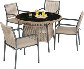 Set mobilier de grădină modern, 5 piese, masă rotundă cu blat din sticlă securizată, 4 scaune cu brațe cu spătar din sfoară, Gri