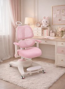 GROWFIT ERGO CARE JUNIOR PRO 360 – Scaun ergonomic reglabil pentru copii și adolescenți, cu spătar dublu adaptiv, suport lombar automat, cotiere 4D, roți cu blocare automată, ajustare completă 360°, Roz