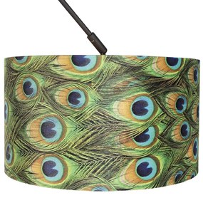 Lampă suspendată neagră cu abajur din catifea cu imprimeu de păun cu auriu 35 cm - Blitz