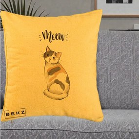 Perna Personalizata Pisica Meow Acuarela, 40x40 cm, Galben, Husa Detasabila, Perna Inclusa, BEKZ®