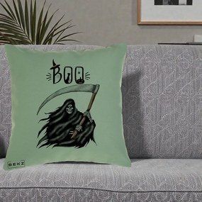 Perna Decorativa Halloween Boo Grim Reaper cu Coasa, 40x40 cm, Verde, Husa Detasabila, Perna Inclusa, BEKZ®
