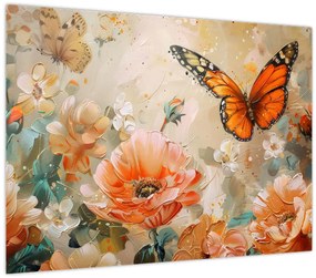Tablou pe sticlă - Fluture și flori, pictură în ulei (70x50 cm)