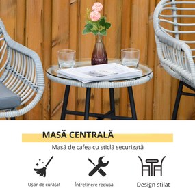 Outsunny Set Mobilier de Grădină din Ratan Gri 3 Piese Salon în Aer Liber cu 2 Scaune și Masă cu Blat de Sticlă pentru Terasă | Aosom Romania