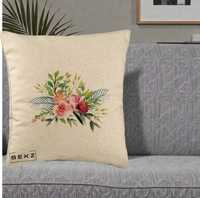 Perna Decorativa Buchet Flori Acuarela Roz-Verde, 40x40 cm, Bej, Husa Detasabila, Perna Inclusa, BEKZ®