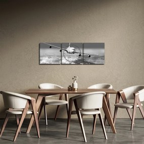Tablou - Avion în nori, alb și negru (cu ceas) (90x30 cm)