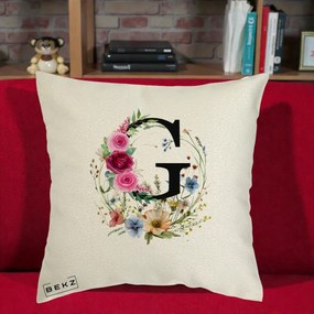 Cadou Personalizat - Perna Personalizata Monogram Litera G cu Flori Acuarela, 40x40 cm, Ecru, Husa Detasabila, Perna Inclusa, BEKZ®