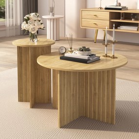 Set modern de 2 măsuțe tip cuib, cu blaturi rotunde și structură verticală pe lateral, 76x76x50 cm/40x40x56,5 cm, Culoare naturală