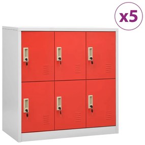 Dulapuri vestiar 5 buc. gri deschis si rosu 90x45x92,5 cm otel 5, light grey and red, cu 6 dulapuri, 1