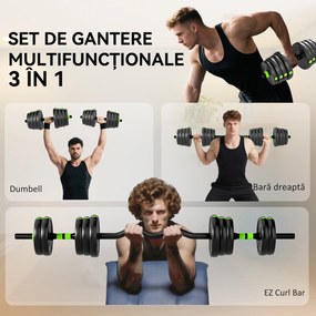 SPORTNOW Set Bară cu Greutăți 3 în 1 cu 16 Discuri din Plastic și Nisip Verde | Aosom Romania