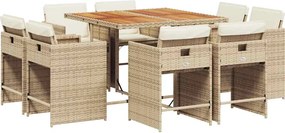 vidaXL Set de masă pentru grădină, 9 piese, cu perne, bej, poliratan