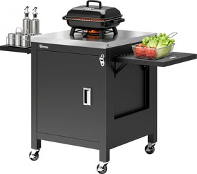 Outsunny Căruț de grădină pentru grătar pe roți, blat din oțel inoxidabil, suport pentru prosoape, 140,5 x 68 x 89 cm Negru | Aosom Romania