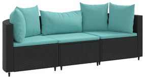 3308452 vidaXL Set mobilier de grădină cu perne, 3 piese, negru, poliratan