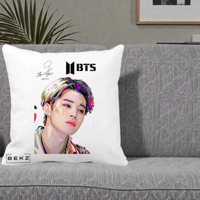 Perna Personalizata K-pop BTS Jimin Portret Artistic Multicolor cu Autograf, 40x40 cm, Alba Mata, Husa Detasabila, Perna Inclusa, BEKZ®