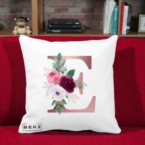 Cadou Personalizat - Perna Personalizata Monograma Rose Gold Litera E, 40x40 cm, Alba Mata, Husa Detasabila, Perna Inclusa, BEKZ®