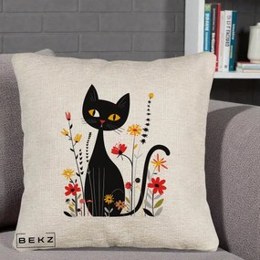 Perna Decorativa Pisica Neagra Ochi Galbeni Flori, 40x40 cm, Bej Canapea, Husa Detasabila, Perna Inclusa, BEKZ®