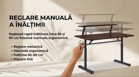 WX-007 – Birou Reglabil Manual cu Înălțime Ajustabilă 65–90 cm, Blat Monobloc din PAL de Înaltă Densitate 15 mm, Cadru Metalic din Oțel, Raft Superior Integrat, 120x60 cm, Walnut