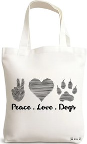 Sacosa de Panza pentru Cumparaturi, Geanta Tote, model Peace Love Dogs, 38x34.5 cm, Alba, BEKZ®