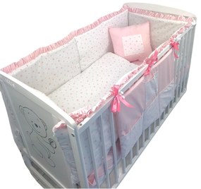 Lenjerie de pat bebelusi cu aparatori laterale pufoase cu Volanas si buzunar Deseda Steluțe roz pe alb
