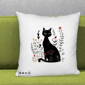 Perna Decorativa Pisica Neagra Botanica Rosu-Gri, 40x40 cm, Alb Pufos, Husa Detasabila, Perna Inclusa, BEKZ®