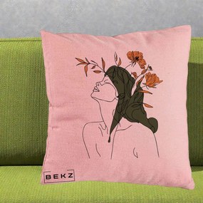 Perna Decorativa Portret Feminin Profil Flori Portocalii, 40x40 cm, Roz, Husa Detasabila, Perna Inclusa, BEKZ®