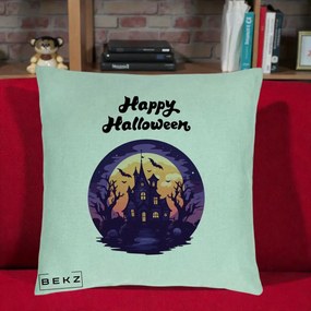Perna Decorativa Happy Halloween Casa Bantuita Violet, 40x40 cm, Verde Menta, Husa Detasabila, Perna Inclusa, BEKZ®