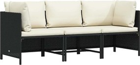 vidaXL Canapea de grădină cu 3 locuri, cu perne, negru, poliratan