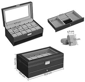 Cutie pentru ceasuri de mana, Songmics, Negru-Gri, 33x19.5x14 cm
