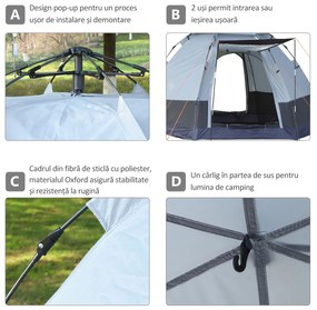 Outsunny Cort de Camping cu 4 Locuri, Deschidere Automată și Accesorii Incluse, Cort de Călătorie,  2.6x2.6x1.5 m Gri | Aosom Romania