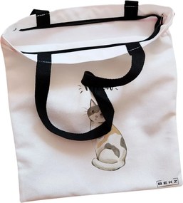 Sacosa de Panza pentru Cumparaturi, Geanta Tote, model Meow 2, Cu fermoar, 38x34.5 cm, Alba, BEKZ®