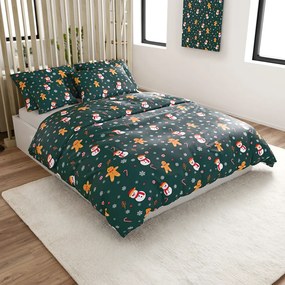 Set 2 buc lenjerie cocolino SNOWMAN AND GINGERBREAD verde + cearsaf Cocolino microplus cu elastic SOFT 180x200 cm alb, pat dublu