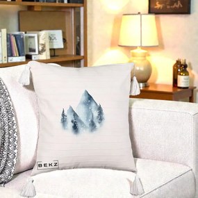 Perna Decorativa Munti Inzapeziti Acuarela Indigo, 40x40 cm, Bej cu Franjuri, Husa Detasabila, Perna Inclusa, BEKZ®
