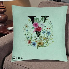 Cadou Personalizat - Perna Personalizata Monograma Florala Litera V cu Coroana, 40x40 cm, Verde Menta, Husa Detasabila, Perna Inclusa, BEKZ®