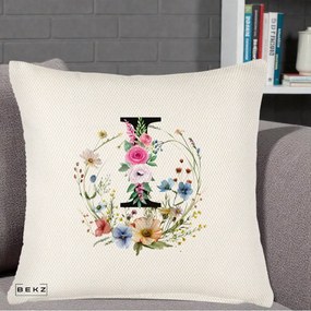 Cadou Personalizat - Perna Personalizata Monogram Litera I cu Flori Acuarela, 40x40 cm, Crem Reliefat, Husa Detasabila, Perna Inclusa, BEKZ®