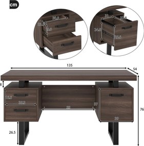 Birou simplu cu sertare, MDF și țeavă de oțel, blat de birou spațios, depozitare eficientă, 135x54x76 cm, Negru + Maro