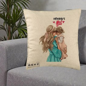 Cadou pentru Mama - Perna Personalizata Mommy's Girl Mama si Fetita, 40x40 cm, Bej, Husa Detasabila, Perna Inclusa, BEKZ®