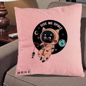 Perna Decorativa Give Me Space Pisica Astronaut, 40x40 cm, Roz, Husa Detasabila, Perna Inclusa, BEKZ®